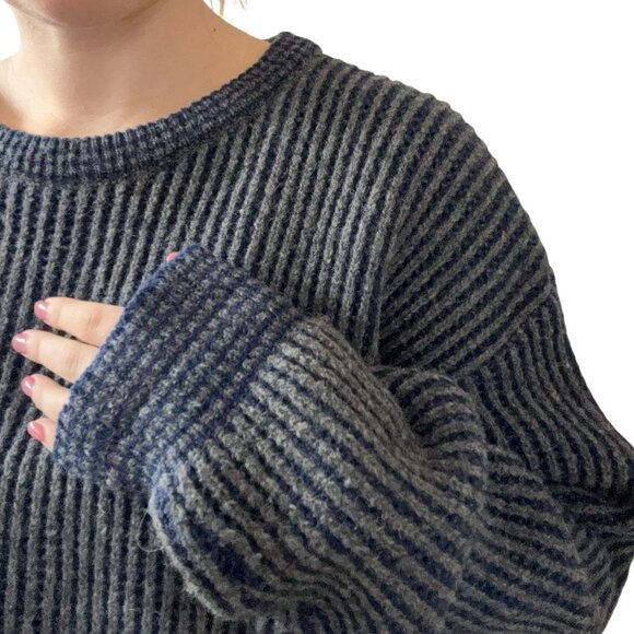 Vintage Mens Navy Blue Gray Ribbed 100% Wool Oversized Crew Neck Sweater Sz 1XL - Picture 5 of 9